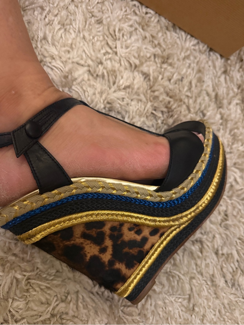 Christian Louboutin Leopard Print and Blue Trim Wedge Sandals with Red Soles - Picture 4 of 6